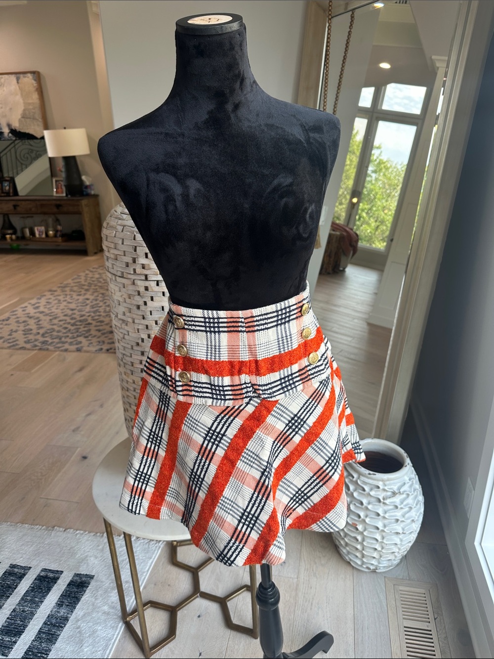 Maeve Orange White Black Plaid Circle Skirt with Gold Buttons